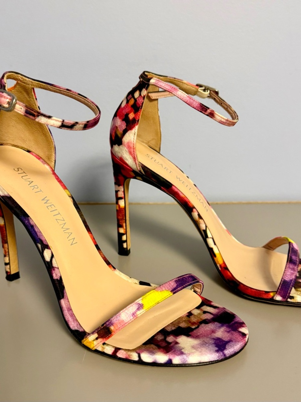 Stuart Weitzman Multicolor Floral Satin Ankle-Strap Sandals LIKE NEW 6.5
